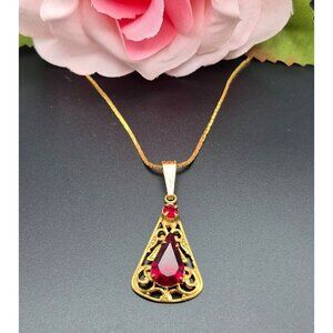 Gold Tone Vintage Pendant Necklace Serpentine Chain 18" Red Teardrop Crystal